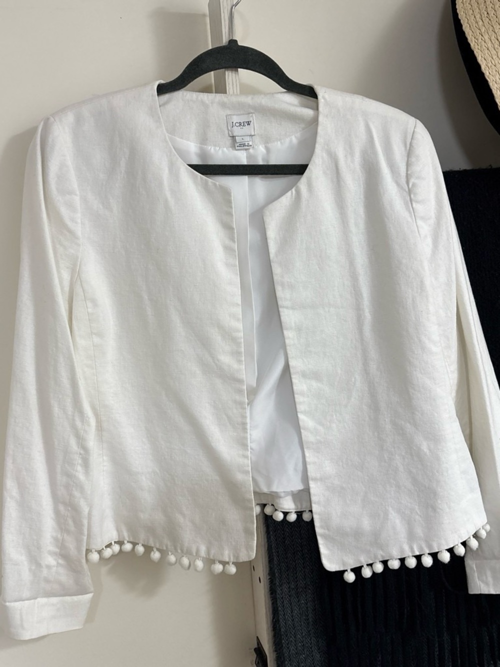 J. Crew White Open-Front Blazer with Pom-Pom Trim